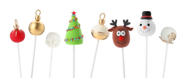 Image of Set of Christmas themed cake pops on white background. Banner design 