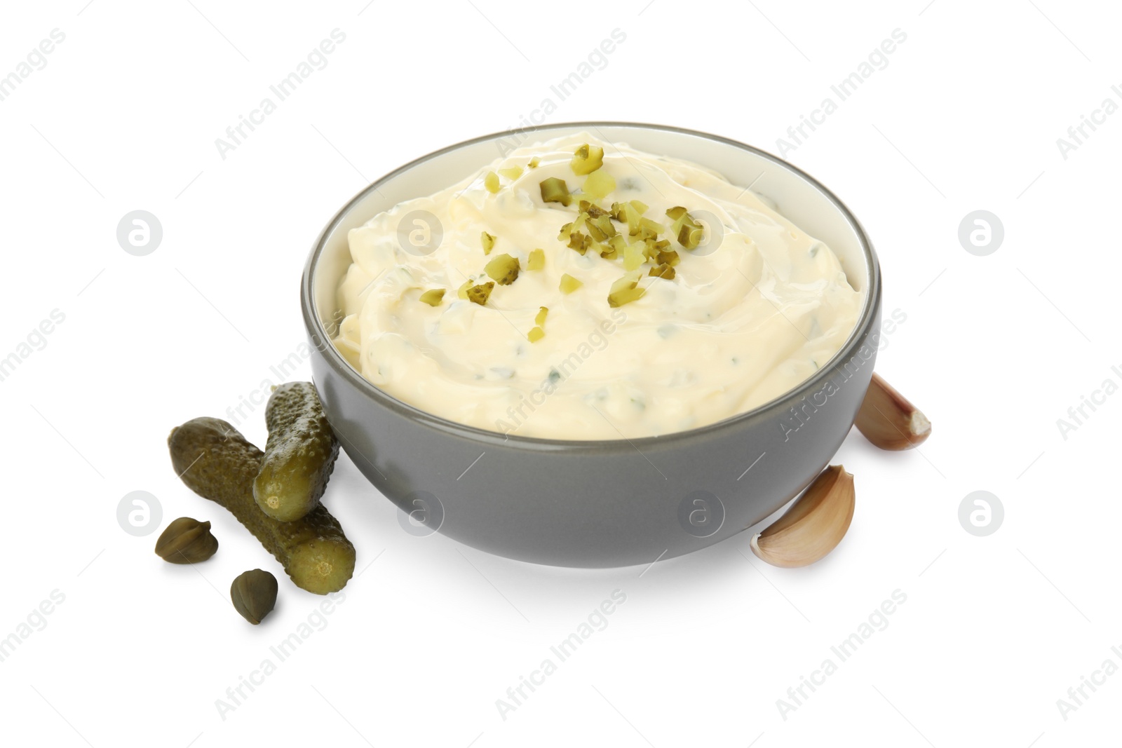 Photo of Tartar sauce and ingredients on white background