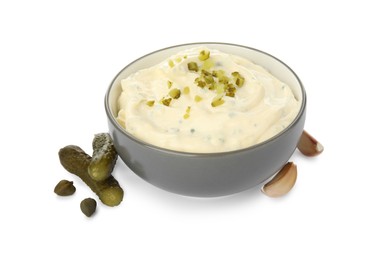 Photo of Tartar sauce and ingredients on white background