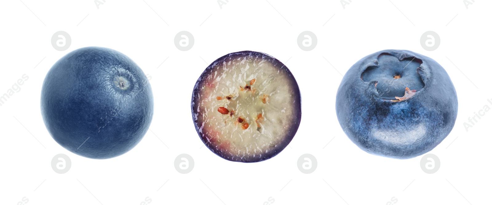 Image of Set of fresh whole and cut blueberries on white background, banner design