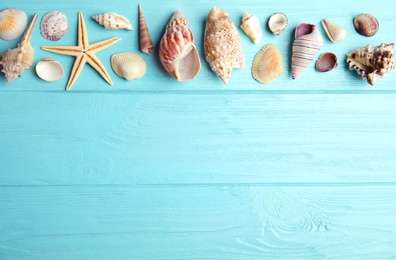 Flat lay composition with beautiful starfish and sea shells on blue wooden table, space for text