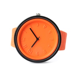 Photo of Stylish wrist watch on white background. Fashion accessory