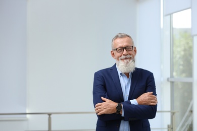 Portrait of handsome mature man in elegant suit with glasses indoors. Space for text