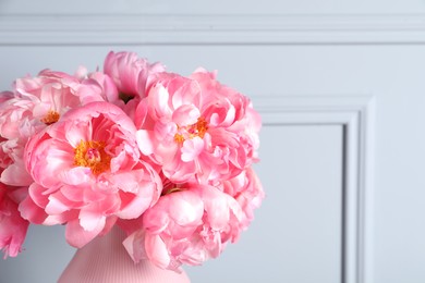 Beautiful bouquet of pink peonies in vase near grey wall, closeup. Space for text