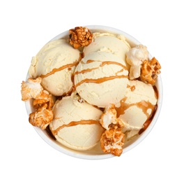 Delicious ice cream with caramel popcorn and sauce in dessert bowl on white background, top view