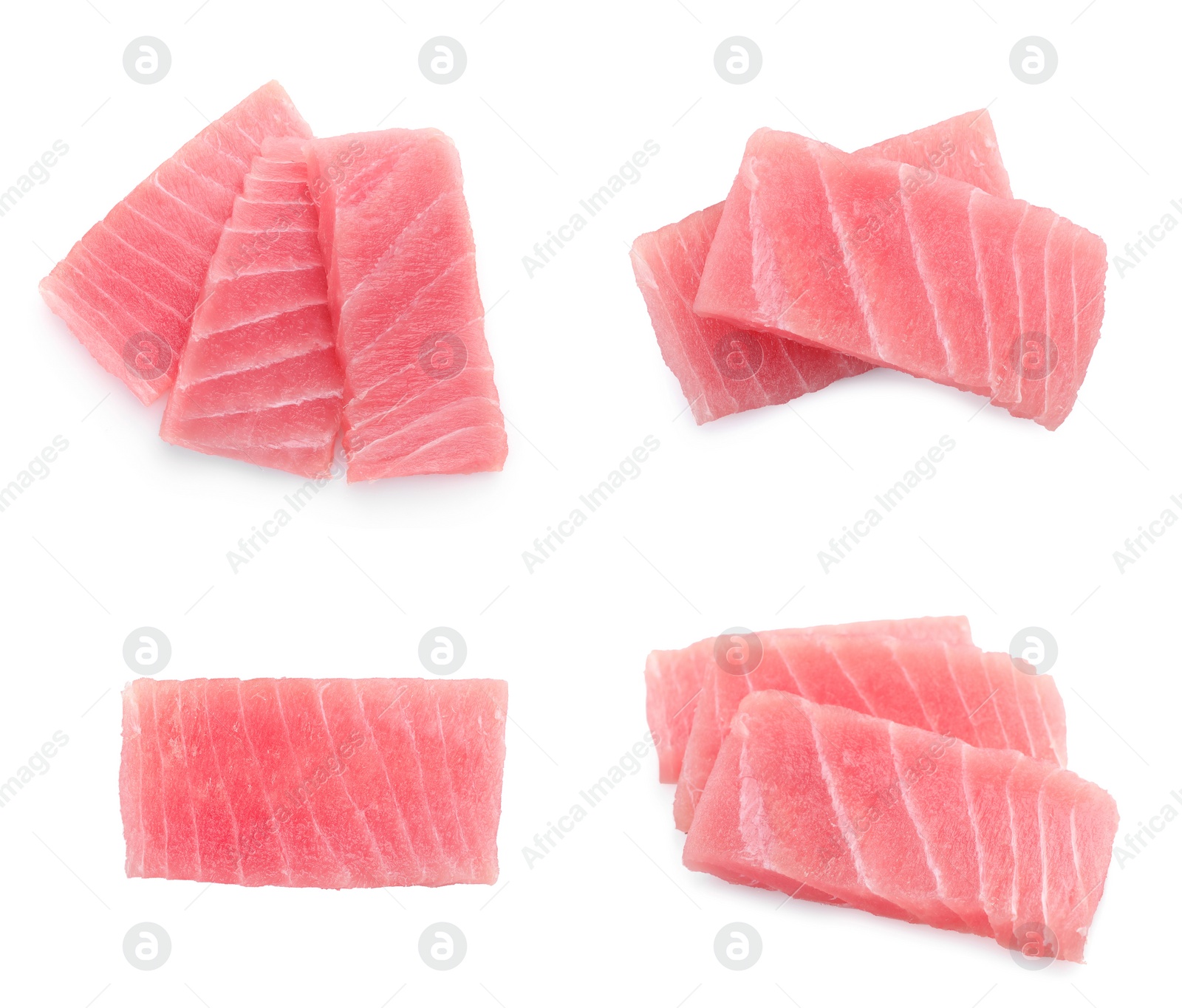 Image of Collage with fresh tuna sashimi isolated on white, top view