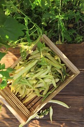 Crate with fresh green beans on wooden table in garden, top view