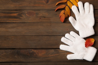 Stylish white woolen gloves and dry leaves on wooden table, flat lay. Space for text