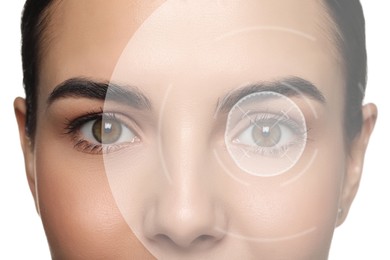 Image of Closeup view of woman and mark illustration on her eye. Vision correction surgery