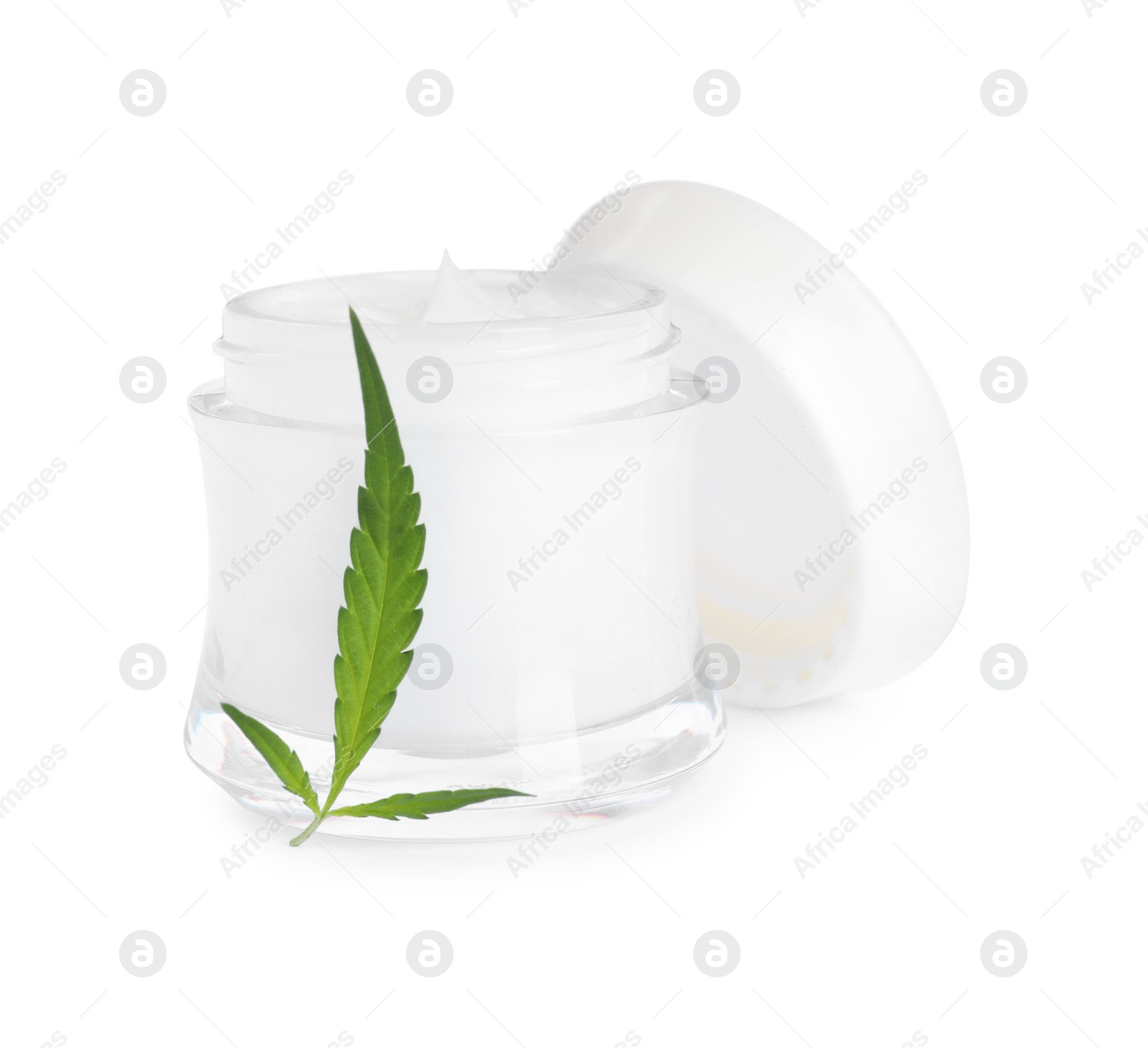 Photo of Jar with hemp cream and green leaf on white background. Natural cosmetics