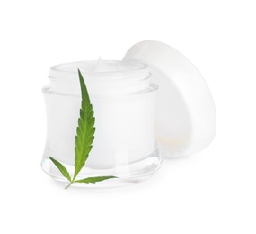 Photo of Jar with hemp cream and green leaf on white background. Natural cosmetics