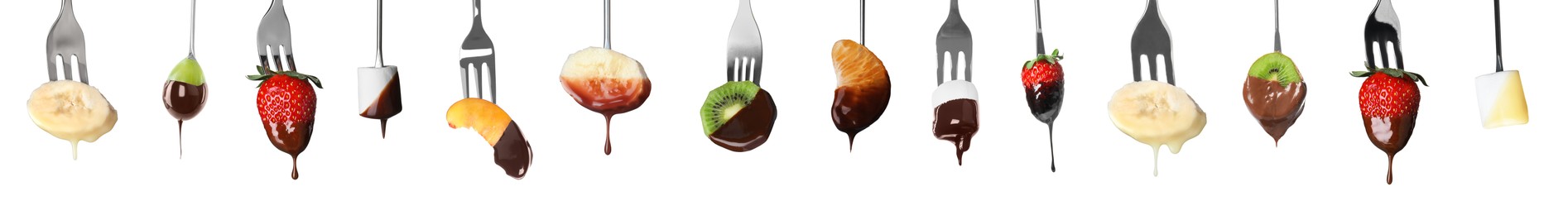 Fondue forks with tasty fruits and marshmallows dipped into chocolate on white background, collage. Banner design