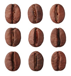 Image of Set with aromatic roasted coffee beans on white background