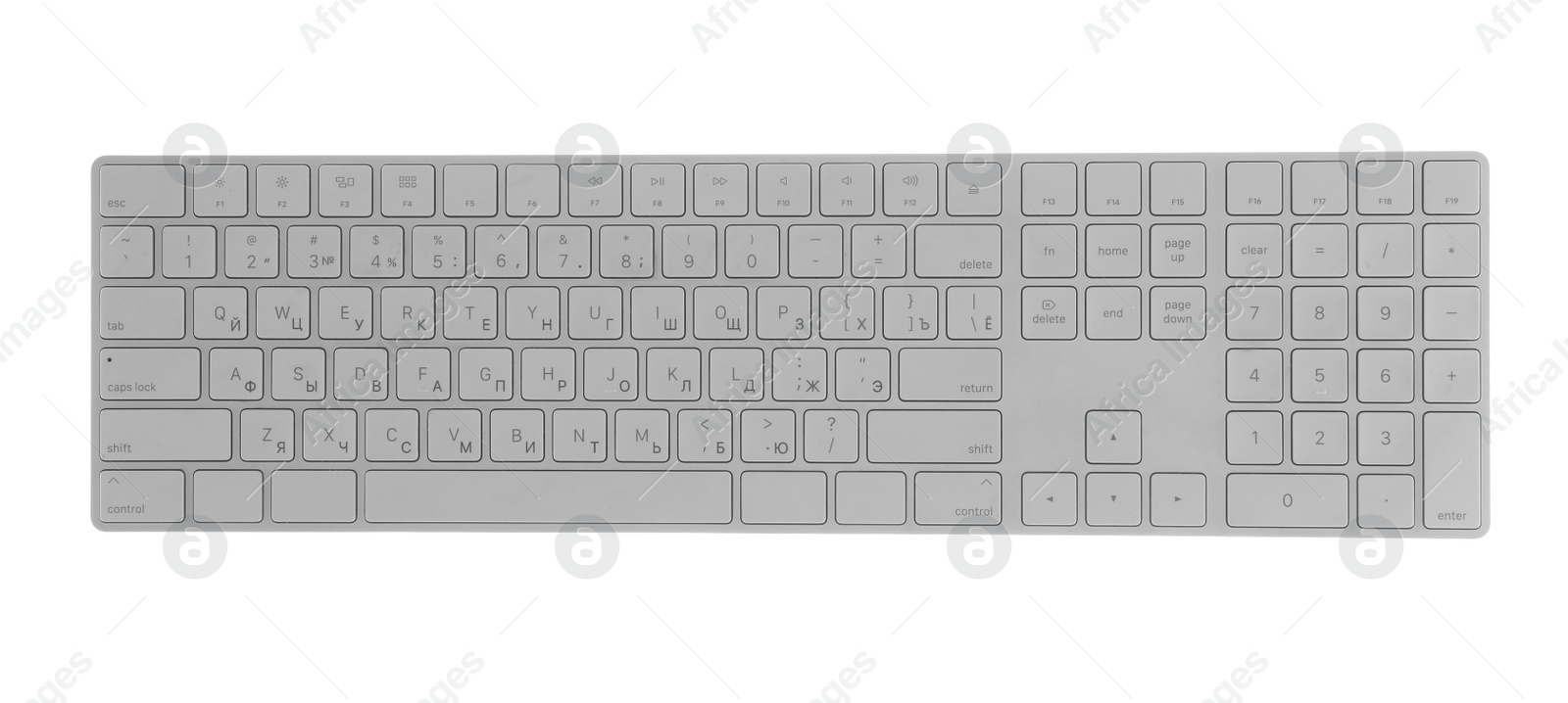 Photo of Computer keyboard isolated on white, top view. Modern technology