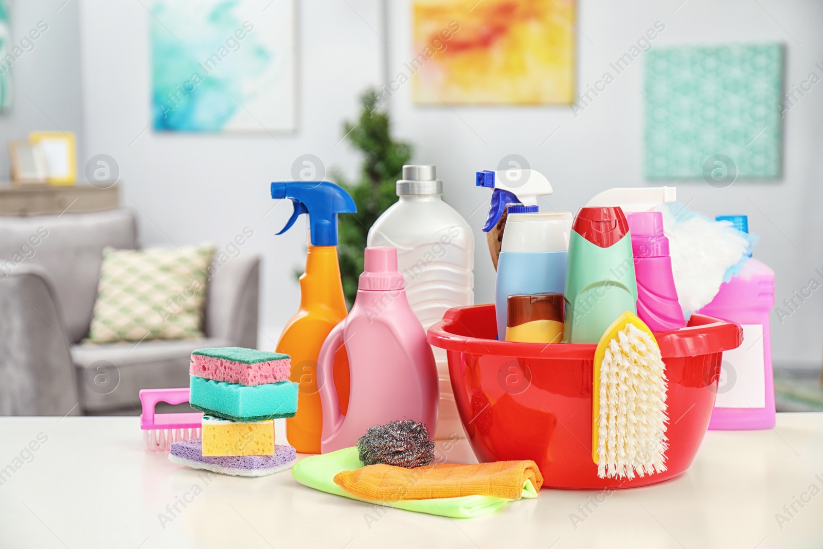 Photo of Set of cleaning supplies on table indoors