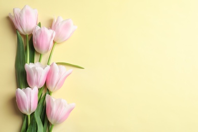 Beautiful composition with tulips for Mother's Day on color background