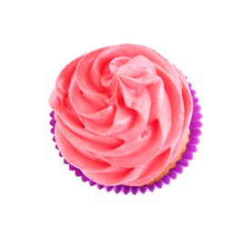 Photo of Delicious cupcake with pink cream isolated on white, top view