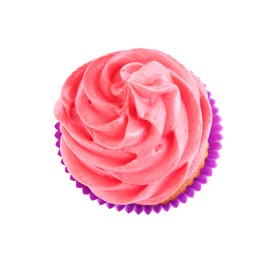 Delicious cupcake with pink cream isolated on white, top view