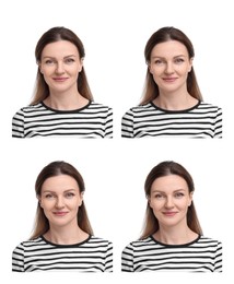 Passport photo, collage. Woman on white background, set of photos