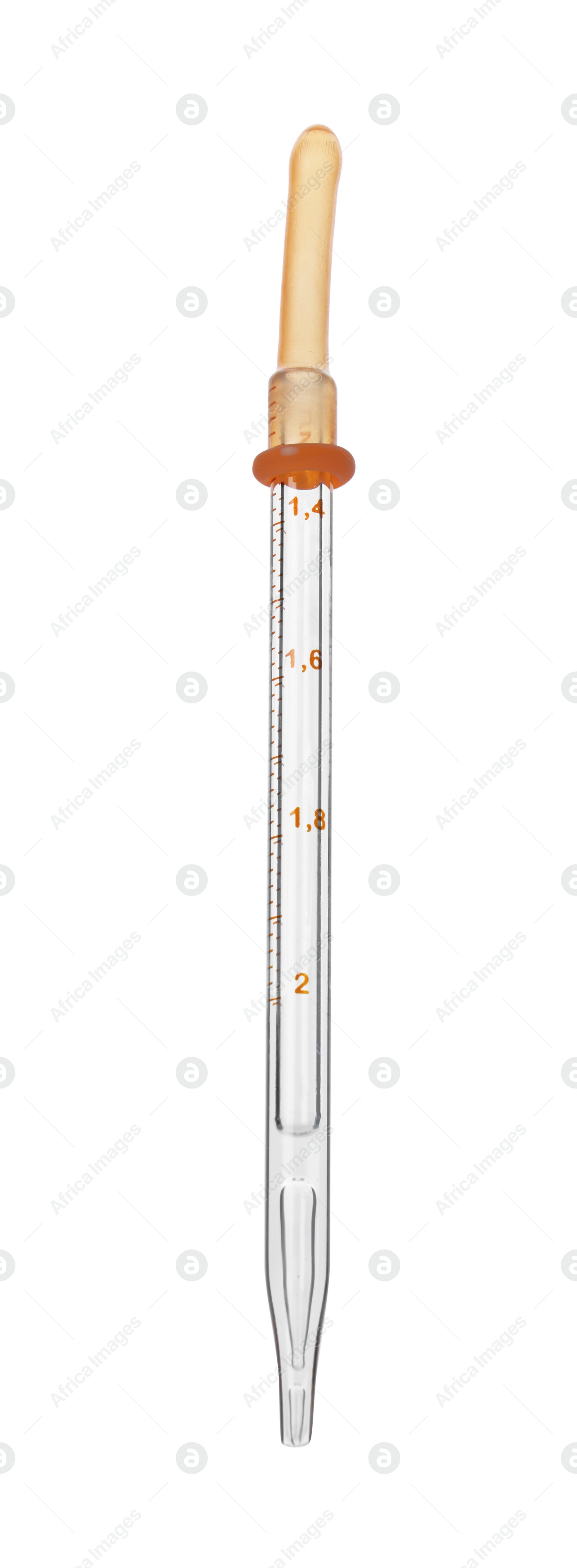 Photo of One glass measuring pipette isolated on white
