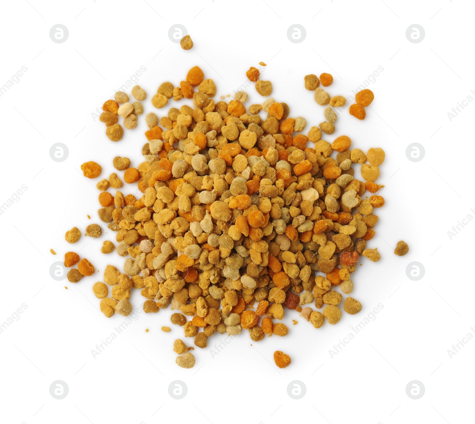 Photo of Pile of fresh bee pollen granules isolated on white, above view
