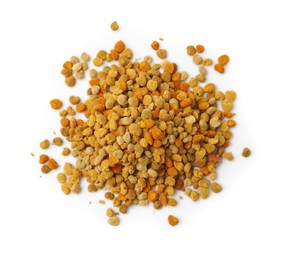 Photo of Pile of fresh bee pollen granules isolated on white, above view