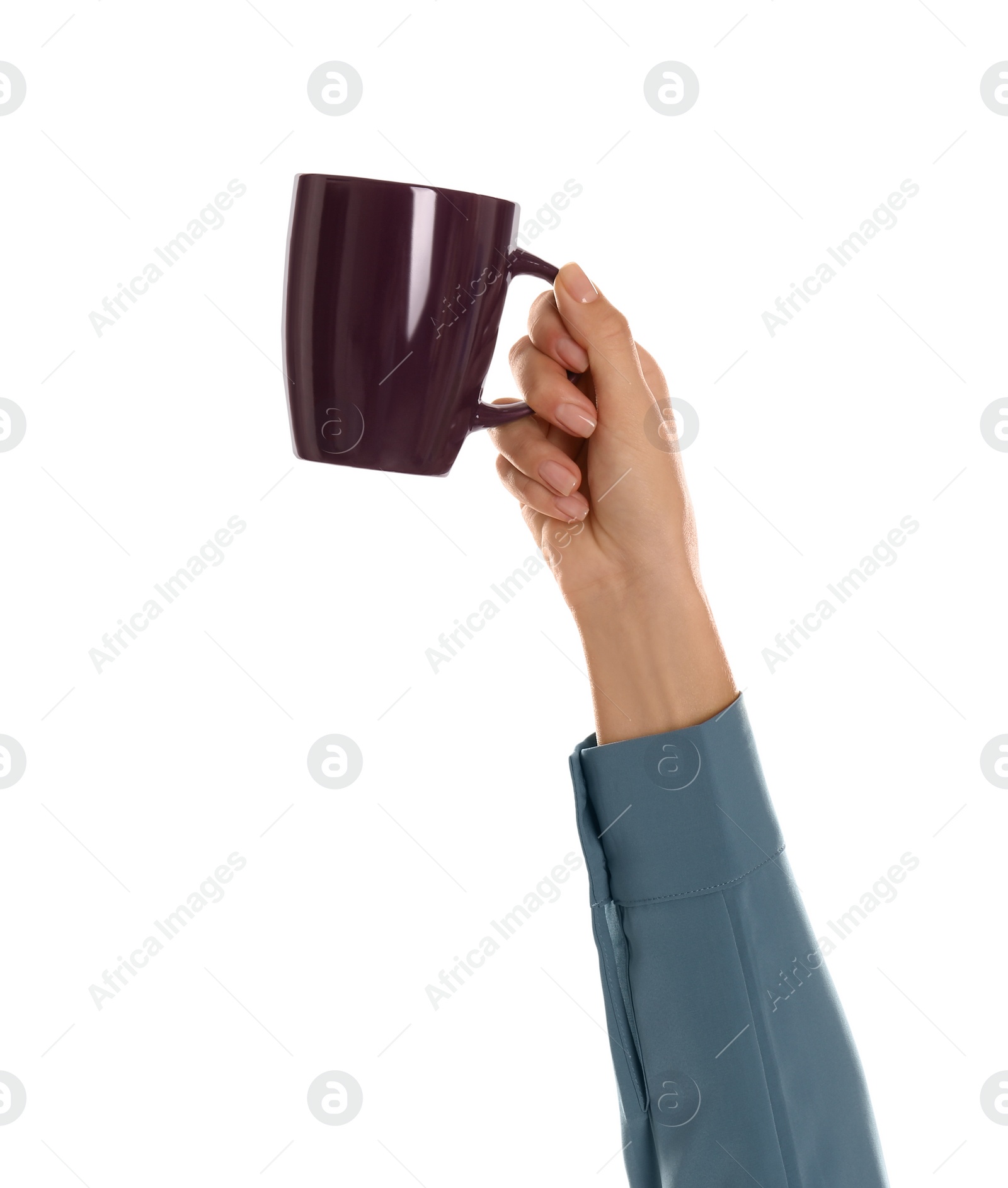 Photo of Woman holding elegant wine red cup on white background, closeup