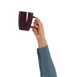 Woman holding elegant wine red cup on white background, closeup