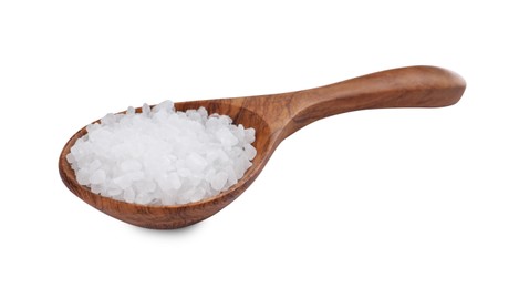 Photo of Wooden spoon with natural sea salt isolated on white