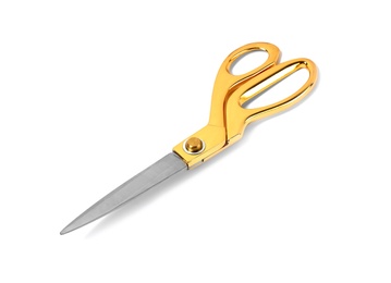 Photo of New sharp gold scissors on white background