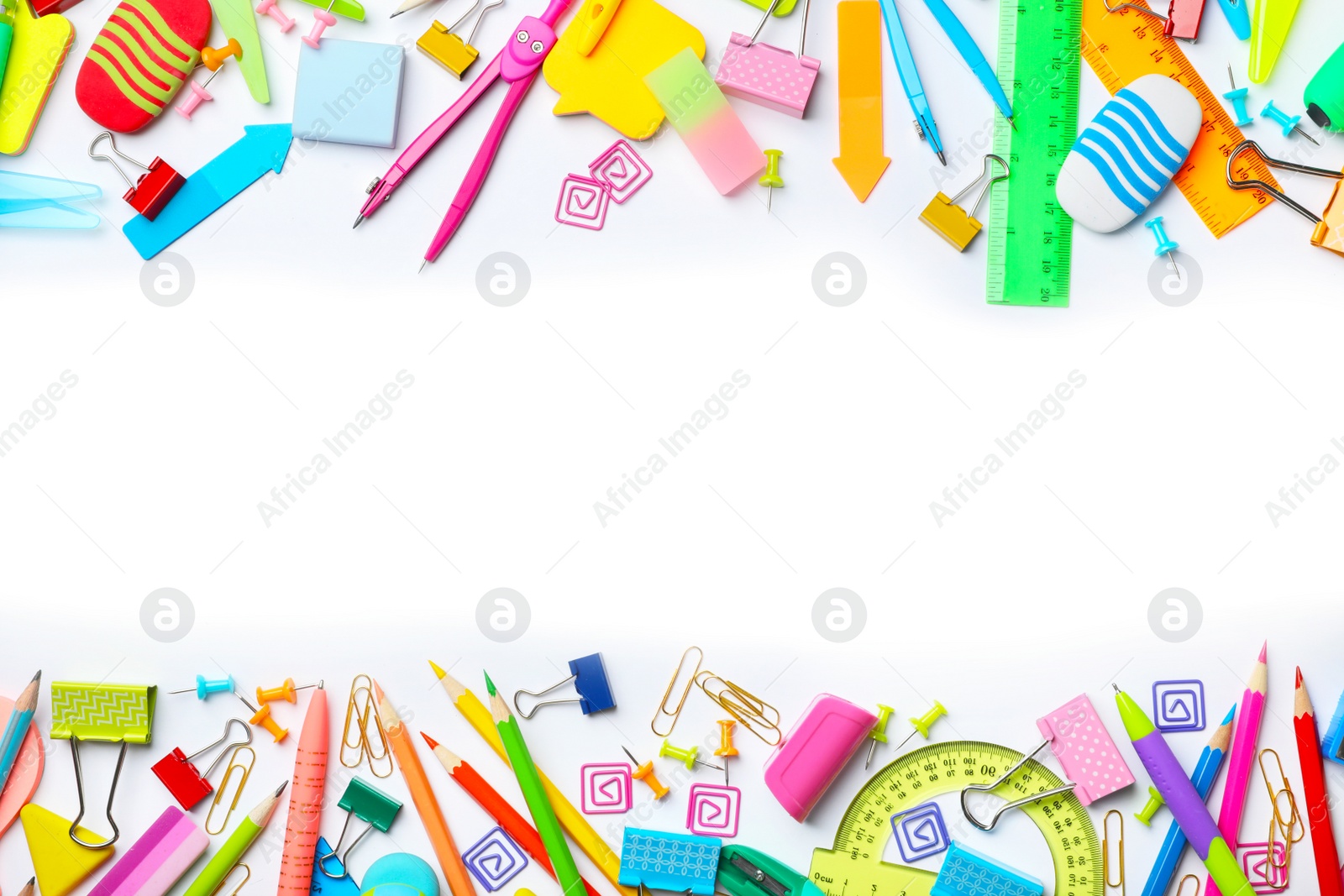 Photo of Composition with different school stationery on white background