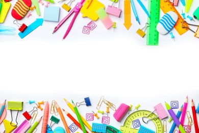 Composition with different school stationery on white background