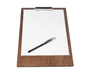Wooden clipboard with sheet of paper and pen isolated on white. Space for text