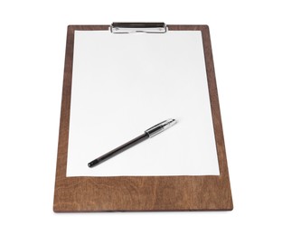 Photo of Wooden clipboard with sheet of paper and pen isolated on white. Space for text