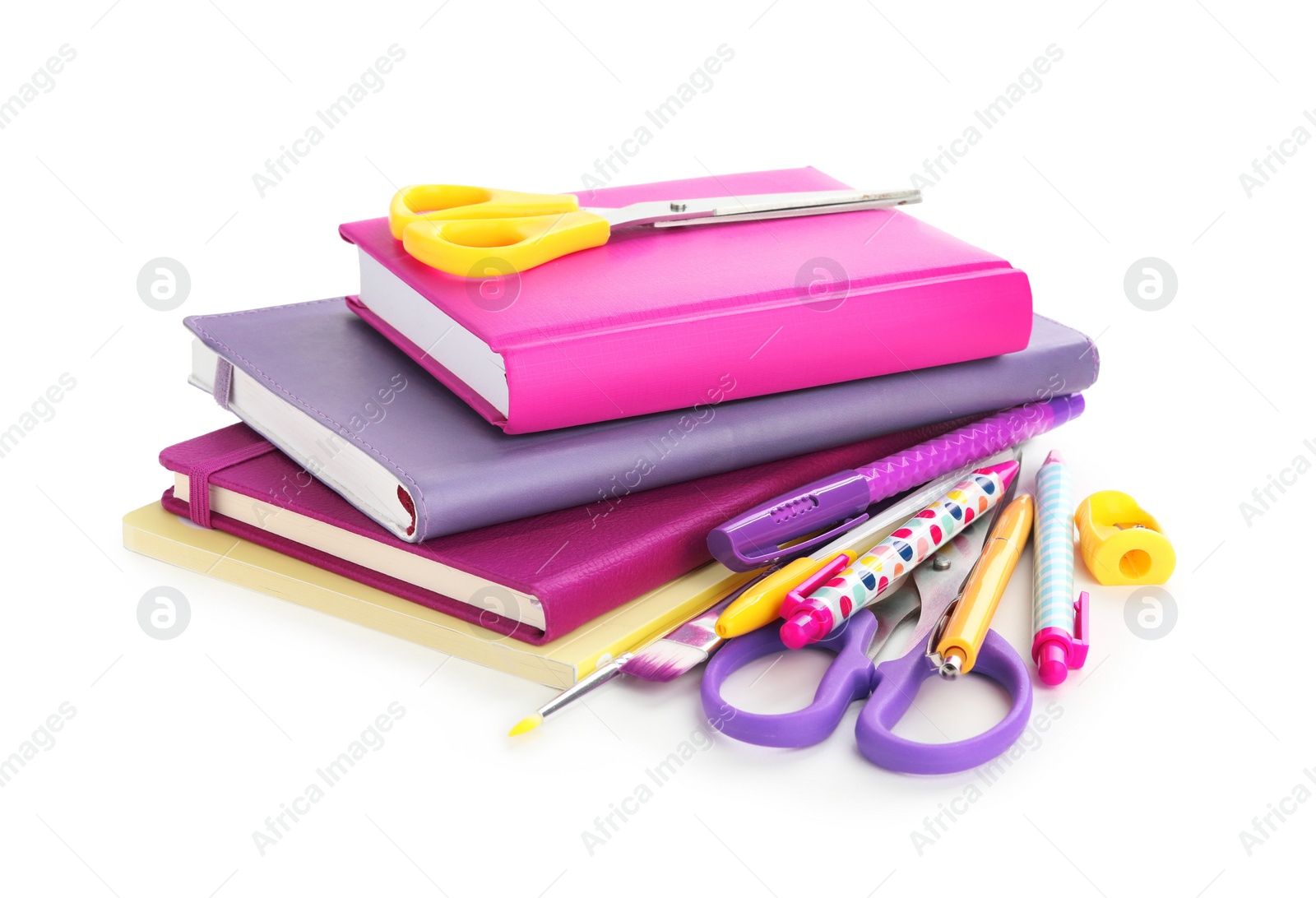 Photo of Set of colorful school stationery on white background