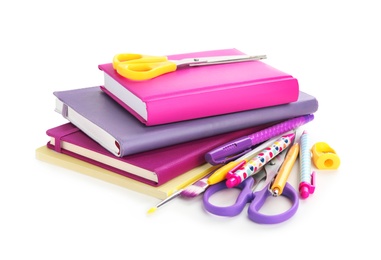 Photo of Set of colorful school stationery on white background