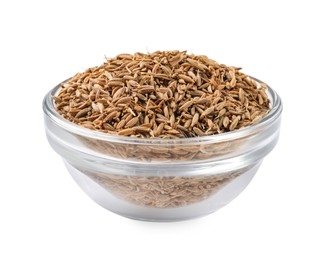 Photo of Bowl of aromatic caraway (Persian cumin) seeds isolated on white