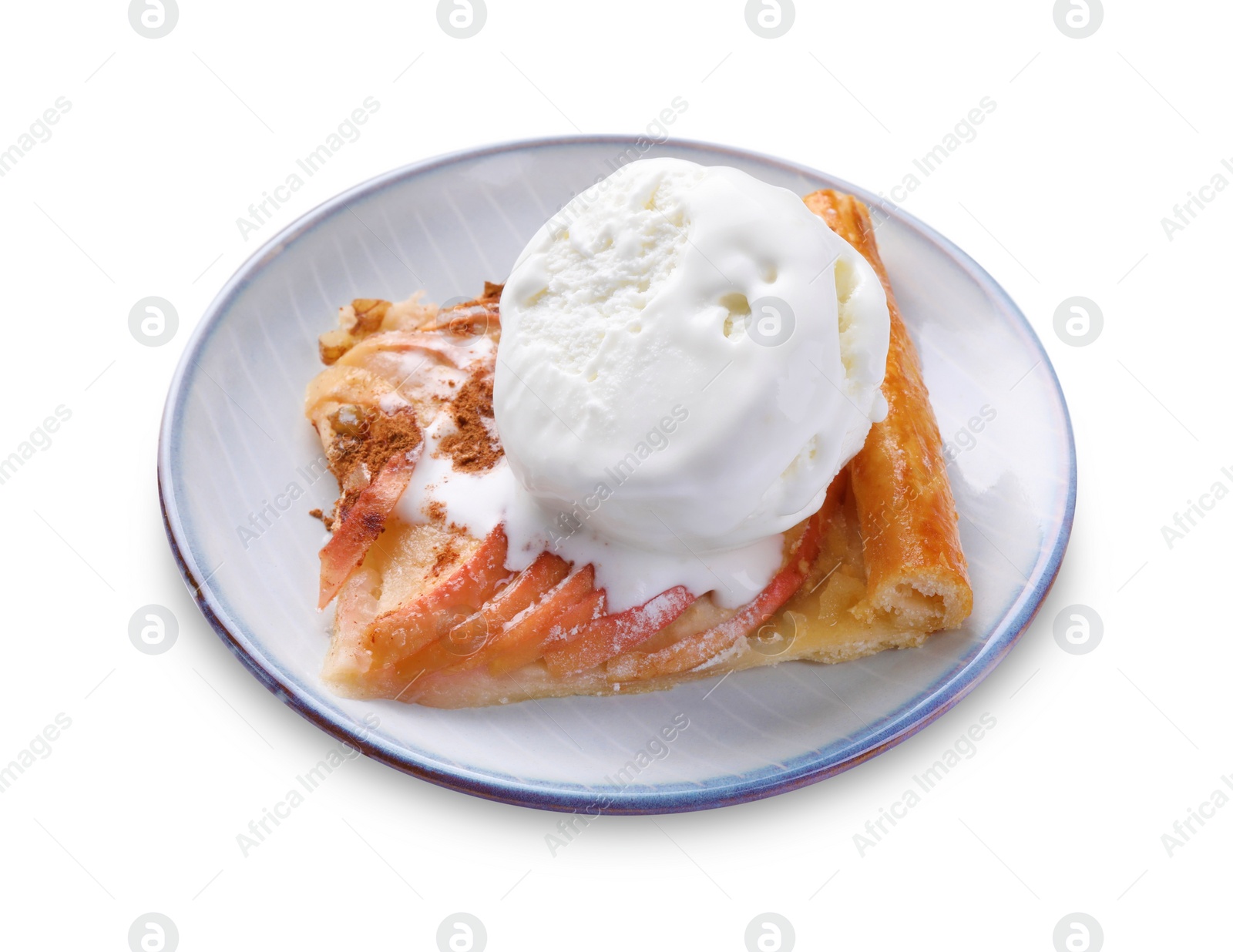 Photo of Plate with piece of freshly baked apple pie and ice cream isolated on white