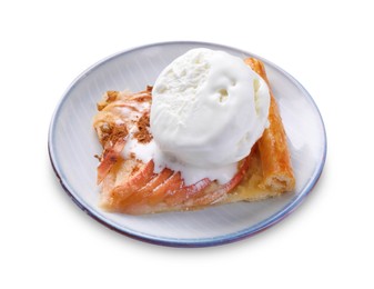 Photo of Plate with piece of freshly baked apple pie and ice cream isolated on white