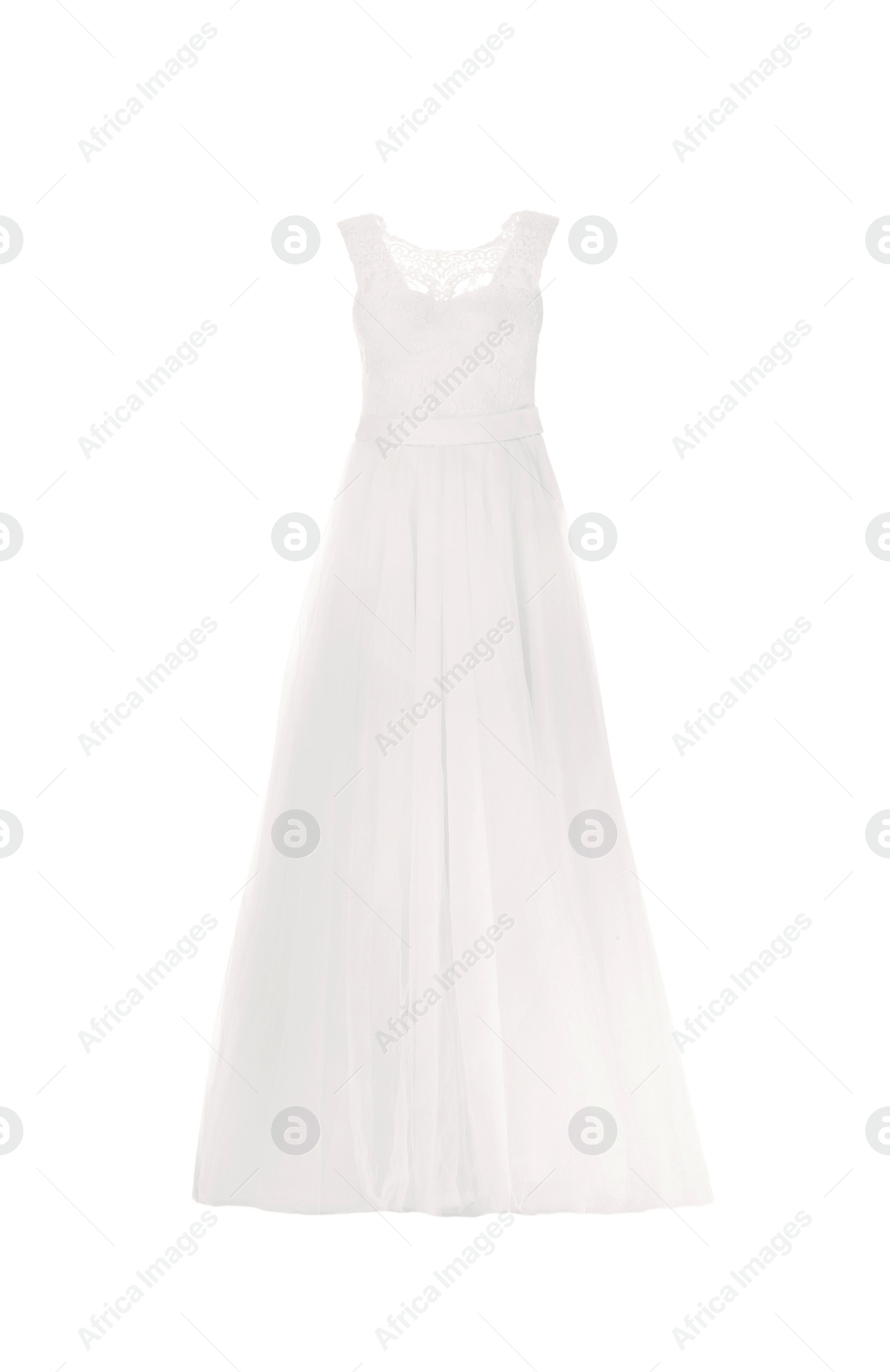 Photo of Elegant wedding dress on mannequin against white background. Custom made clothes