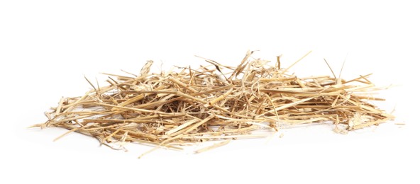 Photo of Dried straw isolated on white. Livestock feed