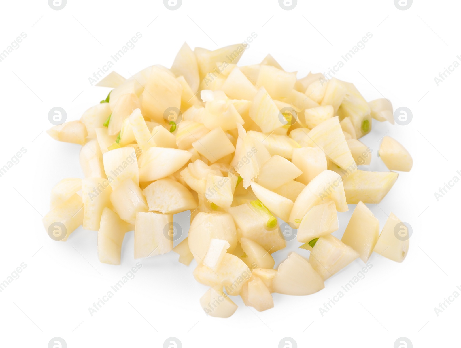 Photo of Pieces of fresh garlic isolated on white