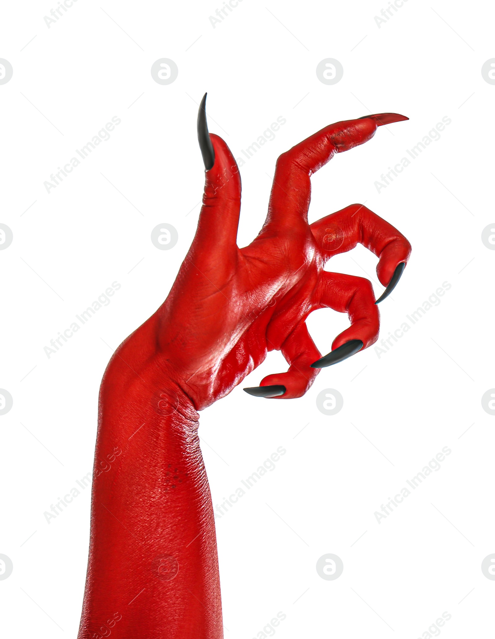 Photo of Scary monster on white background, closeup of hand. Halloween character