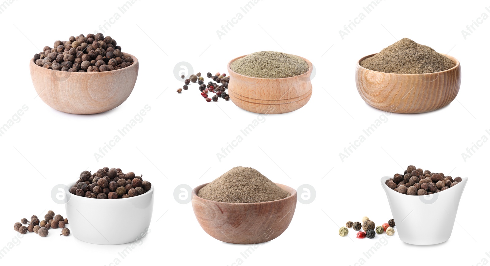 Image of Set of ground pepper and grains on white background