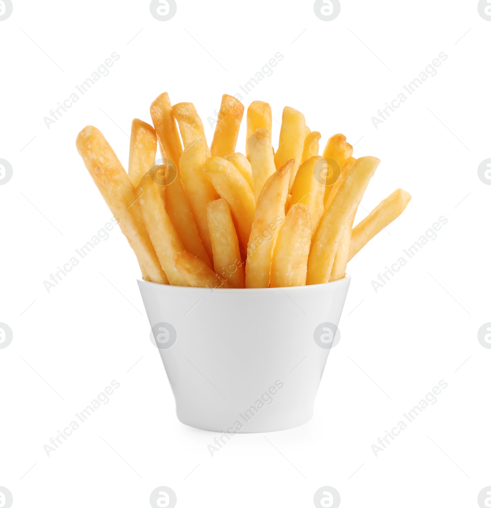Photo of Bowl of delicious french fries on white background
