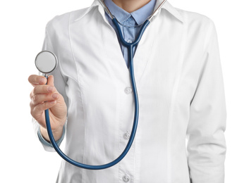 Photo of Doctor with stethoscope on white background, closeup. Medical service