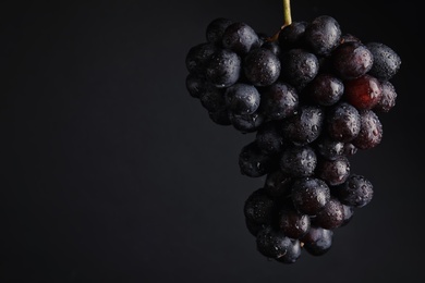 Photo of Fresh ripe juicy grapes and space for text on black background