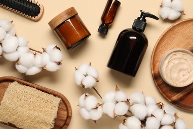 Photo of Bath accessories. Flat lay composition with personal care products on beige background