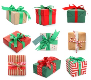 Image of Set of different Christmas gift boxes on white background