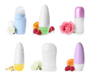 Image of Set of different deodorants with ingredients on white background